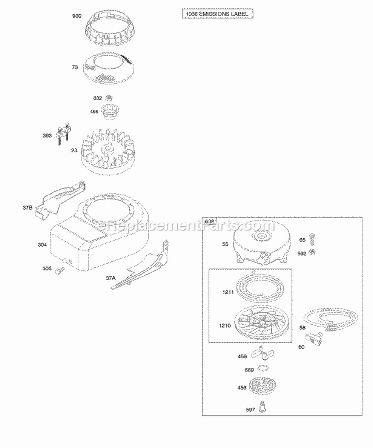 Blower HousingShrouds Flywheel Rewind Starter Diagram and Parts List for 09T802-0113-B1  Briggs and Stratton Engine